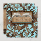 ルアウ（ハワイ式宴会）のパーティの招待状のイルカのビーチ結婚式の青 招待状 (正面/裏面)