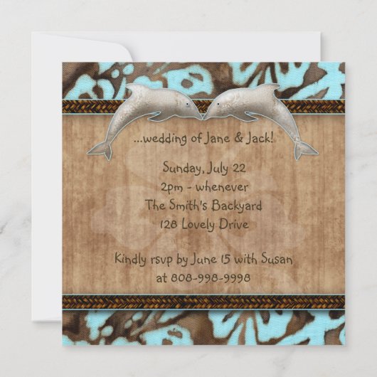 ルアウ(ハワイ式宴会)のパーティの招待状のイルカのビーチ結婚式の青 招待状 (裏面)