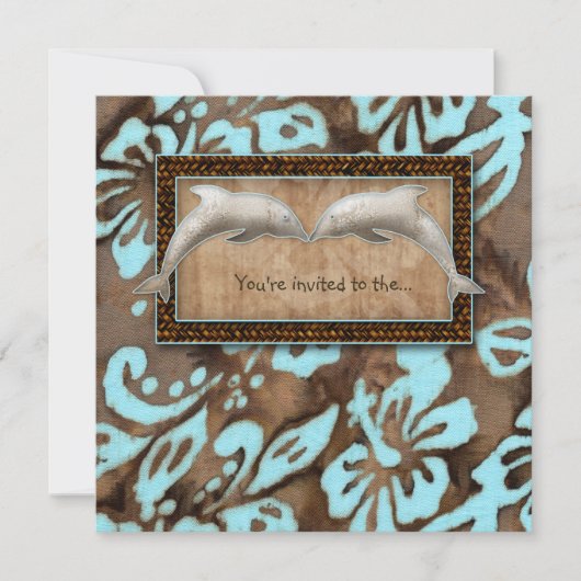ルアウ（ハワイ式宴会）のパーティの招待状のイルカのビーチ結婚式の青 招待状 (正面)