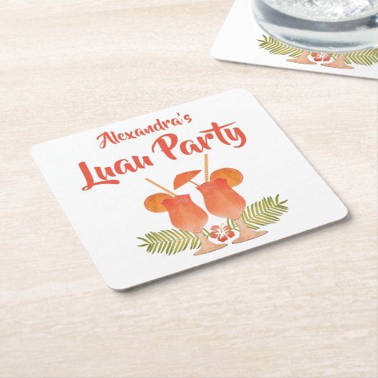 ルアウ(ハワイ式宴会)のパーティー、ルアウ(ハワイ式宴会)、熱帯飲み物、Mai Tais スクエアペーパーコースター (アングル)