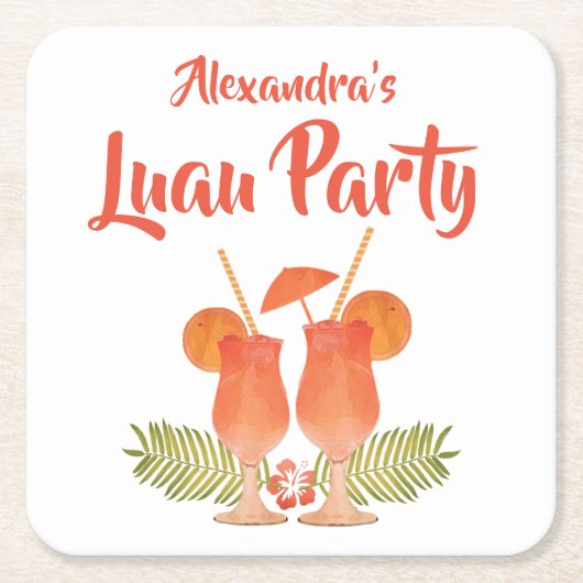 ルアウ(ハワイ式宴会)のパーティー、ルアウ(ハワイ式宴会)、熱帯飲み物、Mai Tais スクエアペーパーコースター (正面)