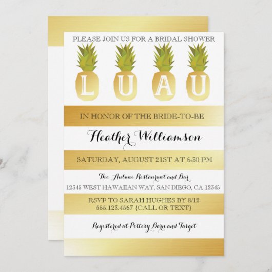 ルアウ（ハワイ式宴会）のブライダルシャワーの金ゴールドの招待状 招待状 (正面/裏面)
