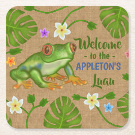 ルアウ（ハワイ式宴会）の夏のパーティーの熱帯カエルのハワイのビーチのおもしろい スクエアペーパーコースター