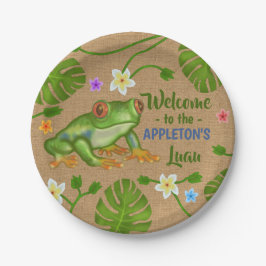 ルアウ（ハワイ式宴会）の夏のパーティーの熱帯カエルのハワイのビーチのおもしろい ペーパープレート