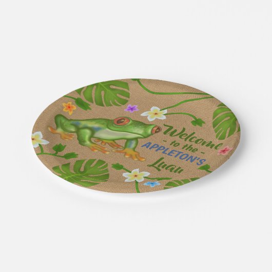 ルアウ(ハワイ式宴会)の夏のパーティーの熱帯カエルのハワイのビーチのおもしろい ペーパープレート (アングル)