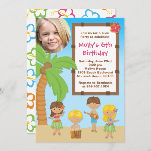 ルアウ(ハワイ式宴会)の子供の誕生日のパーティの招待状 招待状 (正面/裏面)
