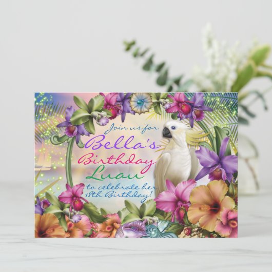 ルアウ（ハワイ式宴会）の招待状、誕生日のルアウ（ハワイ式宴会）のテーマの招待状 招待状 (スタンド正面)