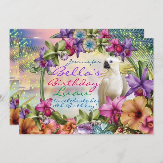 ルアウ（ハワイ式宴会）の招待状、誕生日のルアウ（ハワイ式宴会）のテーマの招待状 招待状 (正面/裏面)