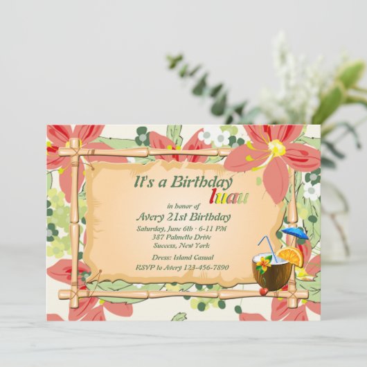 ルアウ（ハワイ式宴会）の誕生日のパーティの招待状 招待状 (スタンド正面)