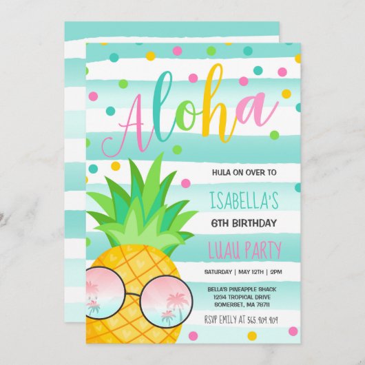 ルアウ（ハワイ式宴会）の誕生日の招待状のパイナップルハワイアンのルアウ（ハワイ式宴会） 招待状 (正面/裏面)