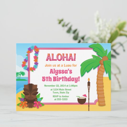 ルアウ（ハワイ式宴会）の誕生日の招待状のルアウ（ハワイ式宴会）のパーティー 招待状 (スタンド正面)