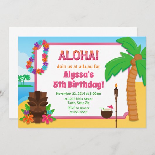 ルアウ(ハワイ式宴会)の誕生日の招待状のルアウ(ハワイ式宴会)のパーティー 招待状 (正面/裏面)