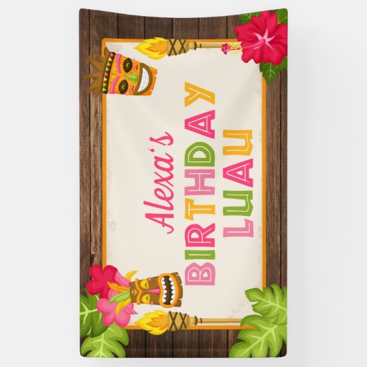 ルアウ（ハワイ式宴会）の誕生日の旗-女の子 横断幕 (縦)