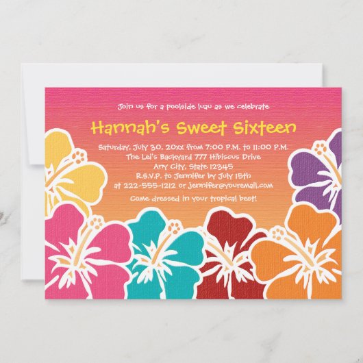 ルアウ（ハワイ式宴会）のSweet sixteenのバースデーパーティ招待状 招待状 (正面)