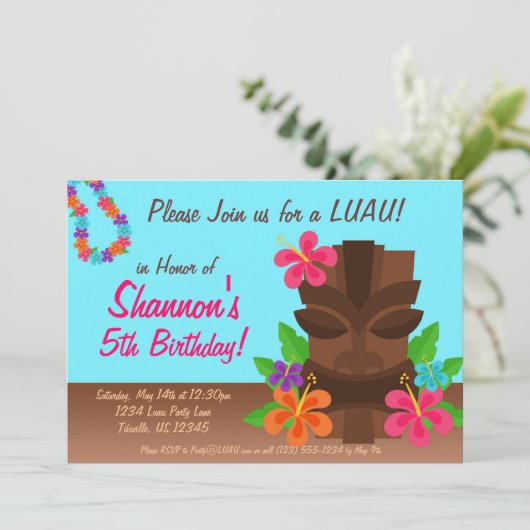 ルアウ(ハワイ式宴会)のTikiの人および花の誕生会 招待状 (スタンド正面)