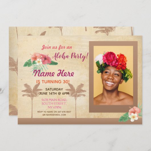 ルアウ（ハワイ式宴会）アロハフォトバースデーパーティトロピカル招待状 招待状 (正面/裏面)