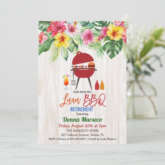 ルアウ（ハワイ式宴会）アロハBBQトロピカルリタイアメント招待状 招待状 (スタンド正面)
