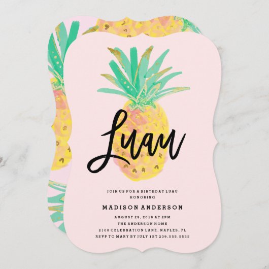 ルアウ(ハワイ式宴会)インピンクパーティの招待状 招待状 (正面/裏面)
