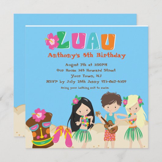 ルアウ(ハワイ式宴会)ウィズキッズアンドティキスクエア誕生日招待状 招待状 (正面/裏面)