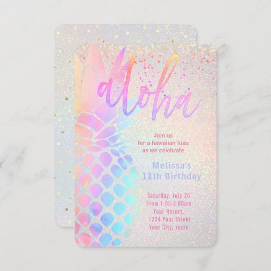 ルアウ（ハワイ式宴会）カラフルパイナップル誕生日 招待状 (正面/裏面)