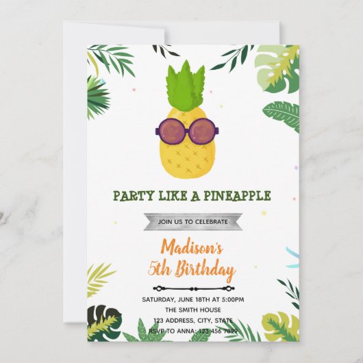 ルアウ(ハワイ式宴会)クールパイナップル誕生日の招待状 招待状 (正面)