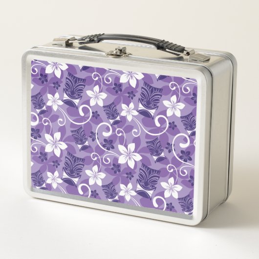 ルアウ（ハワイ式宴会）チキ模様（紫） メタルランチボックス (正面)