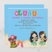 ルアウ(ハワイ式宴会)ツインガールアンドティキスクエア誕生日招待状 招待状 (正面/裏面)