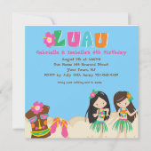 ルアウ(ハワイ式宴会)ツインガールアンドティキスクエア誕生日招待状 招待状 (正面)