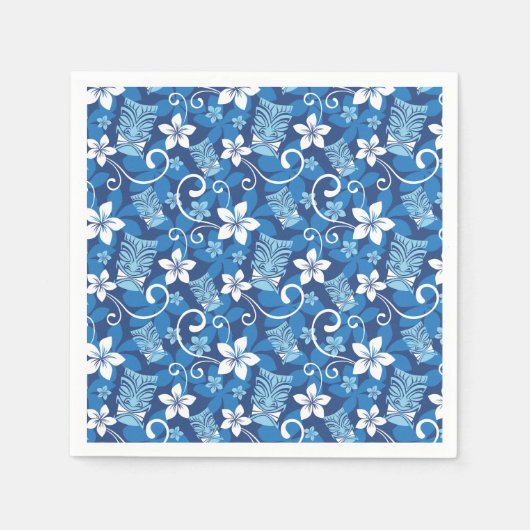 ルアウ（ハワイ式宴会）ティキデザイン（明るい青） スタンダードカクテルナプキン (正面)