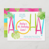 ルアウ(ハワイ式宴会)トロピカルピンクブルー&グリーンアロハ誕生日 招待状 (正面/裏面)