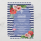 ルアウ(ハワイ式宴会)トロピカルフラミンゴフローラファースト・ホリー・コミュニオン 招待状 (正面/裏面)