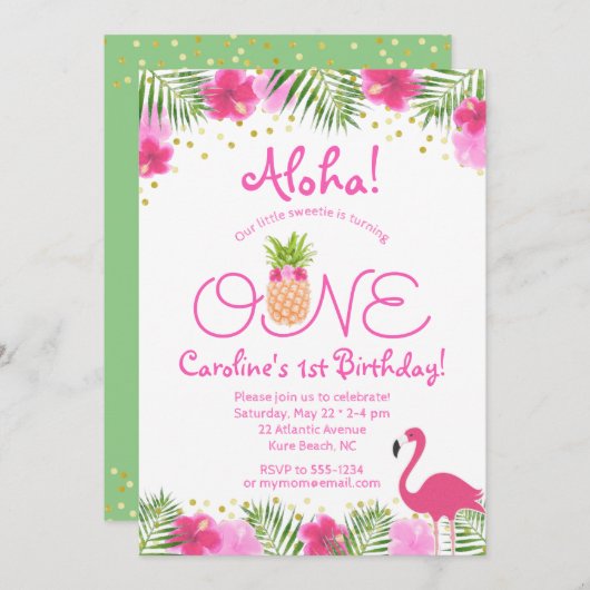 ルアウ（ハワイ式宴会）トロピカルフローラガール1st第1誕生日 招待状 (正面/裏面)
