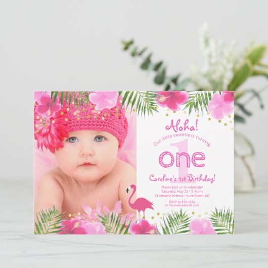 ルアウ（ハワイ式宴会）トロピカルフローラフォトガール第1誕生日 招待状 (スタンド正面)