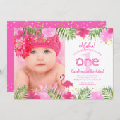 ルアウ（ハワイ式宴会）トロピカルフローラフォトガール第1誕生日 招待状 (正面/裏面)