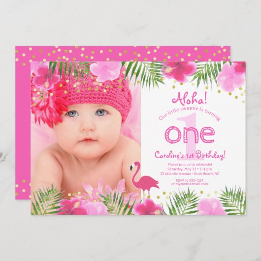 ルアウ（ハワイ式宴会）トロピカルフローラフォトガール第1誕生日 招待状 (正面/裏面)