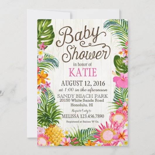 ルアウ（ハワイ式宴会）ハウィアンビーチ素朴ベビーシャワー 招待状 (正面)