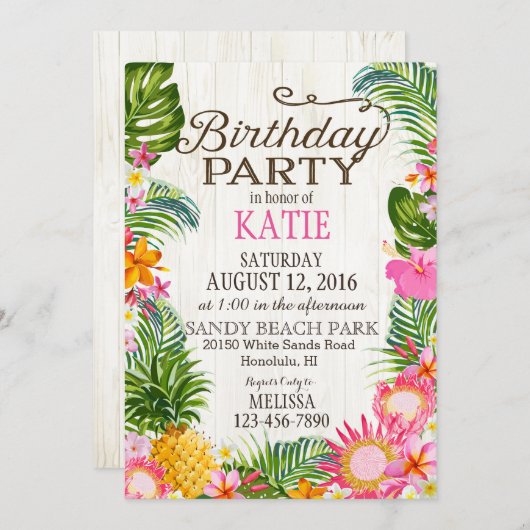 ルアウ（ハワイ式宴会）ハウィアンビーチ誕生素朴パーティー 招待状 (正面/裏面)