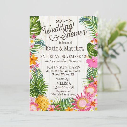 ルアウ（ハワイ式宴会）ハワイアンビーチ素朴ウェディングシャワー 招待状 (スタンド正面)
