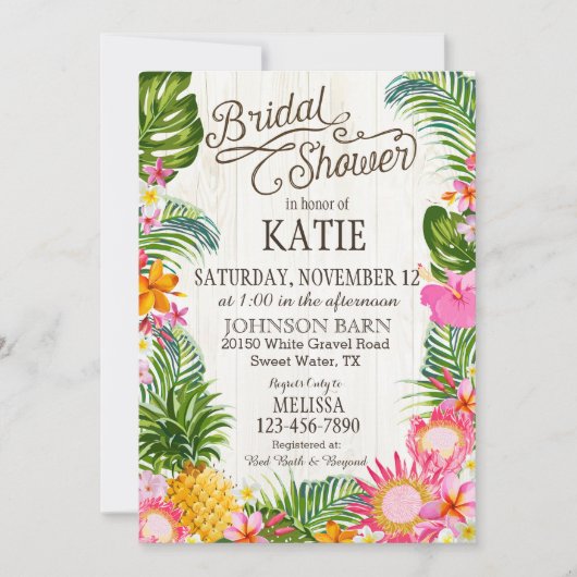ルアウ（ハワイ式宴会）ハワイアンビーチ素朴ブライダルシャワー 招待状 (正面)