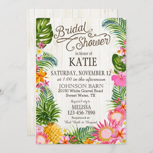 ルアウ（ハワイ式宴会）ハワイアンビーチ素朴ブライダルシャワー 招待状 (正面/裏面)