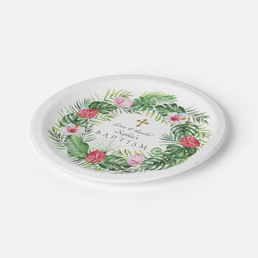 ルアウ（ハワイ式宴会）ハワイアン熱帯花リースバプテスマ ペーパープレート (アングル)