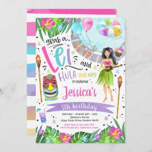ルアウ（ハワイ式宴会）バースデーパーティハワイアンパイナップルパーティー 招待状 (正面/裏面)