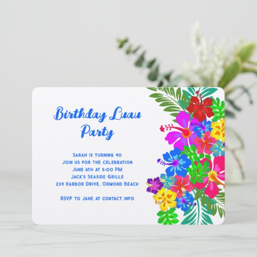 ルアウ（ハワイ式宴会）バースデーパーティーパープルハイビスカススワッグ 招待状 (スタンド正面)