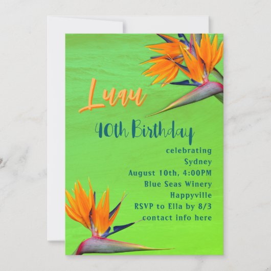 ルアウ（ハワイ式宴会）バースデーパーティーライムトロピカルフラワー 招待状 (正面)