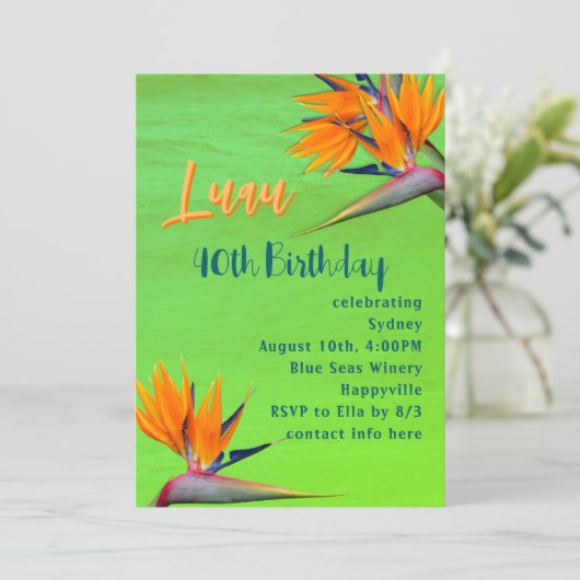 ルアウ（ハワイ式宴会）バースデーパーティーライムトロピカルフラワー 招待状 (スタンド正面)