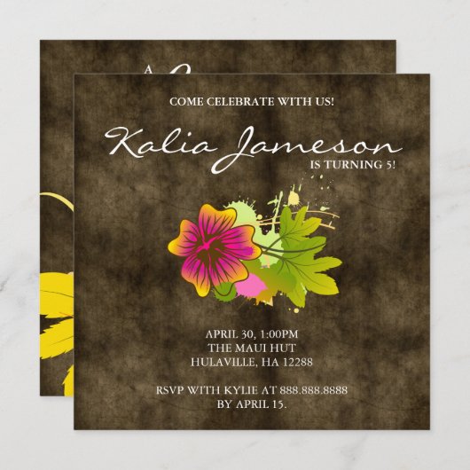 ルアウ（ハワイ式宴会）バースデーパーティー招待状ハイビスカスフラワースエード 招待状 (正面/裏面)