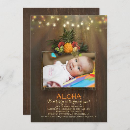 ルアウ（ハワイ式宴会）パイナップルトロピカル1ベビー誕生日写真 招待状 (正面/裏面)