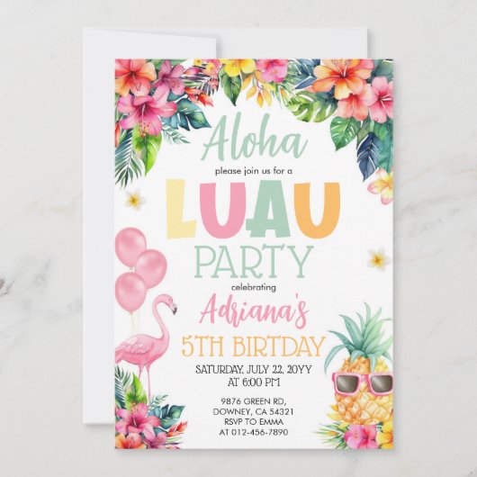 ルアウ（ハワイ式宴会）パイナップルハワイアンガールバースデーパーティー 招待状 (正面)