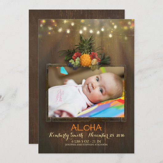 ルアウ（ハワイ式宴会）パイナップル熱帯生まれたばかりのベビー写真誕生 案内状 (正面/裏面)