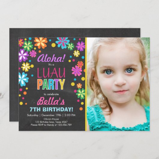 ルアウ（ハワイ式宴会）パーティの招待状トロピカル誕生日アロハ 招待状 (正面/裏面)